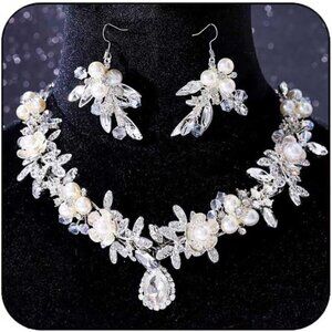 Gold Crystal & Pearl Bridal Wedding Jewelry Set Necklace & Earrings Set